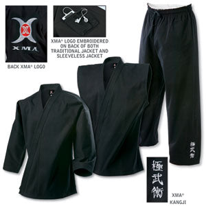 XMA 10 oz. uniform sets in 100% brushed cotton fabric. Set of traditional jacket, sleeveless jacket and elastic waist pant.