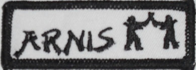 Arnis sew on patch, white background, black design. 