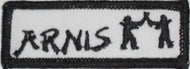 Arnis sew on patch, white background, black design. 